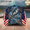 Maxcorners Fishing American Flag Metal Chain Personalized Name 3D Cap (12 Fish Species)