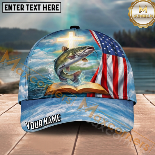 Maxcorners Fishing Faith American Flag Personalized Name 3D Cap (12 Fish Species)
