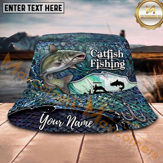 Maxcorners Fishing Blue Scale Angler Personalized Name 3D Bucket Hat (12 Fish Species)