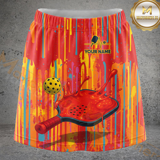Maxcorners Pickleball Orange Drip Paint Paddle Ball Personalized 3D Skort, Skirts With Shorts