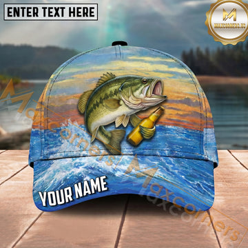 Maxcorners Fishing Sunset Ocean Wave Beer Bottle Personalized Name 3D Cap (12 Fish Species)