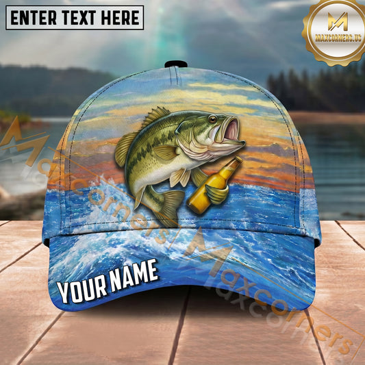 Maxcorners Fishing Sunset Ocean Wave Beer Bottle Personalized Name 3D Cap (12 Fish Species)