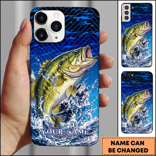 Maxcorners Fishing Blue Geometric Splash Wave Personalized Name Phone Case (12 Fish Species)
