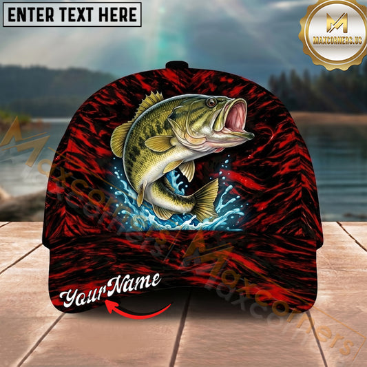 Maxcorners Fishing Red Flame Water Splash Personalized Name 3D Cap (12 Fish Species)