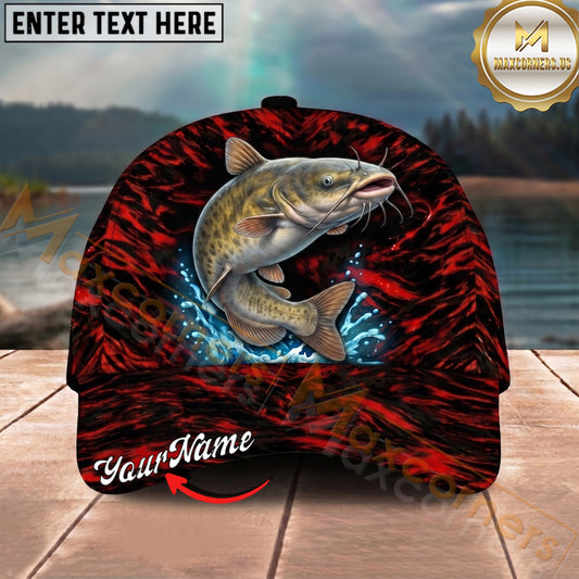 Maxcorners Fishing Red Flame Water Splash Personalized Name 3D Cap (12 Fish Species)