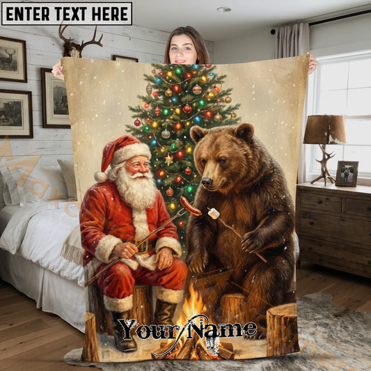 Maxcorners Artistic Santa Claus and Brown Bear by Campfire Personalized 3D Blanket