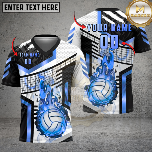 Maxcorners Volleyball Gold Flame Power Strike Premium Design Multicolor Options Personalized 3D V-neck T-Shirt