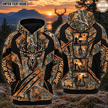 Maxcorners Deer Hunting Hunt Vertical Hunter Silhouette Fall Oak Leaves Camo Buck Head Personalized Hoodie Your Name 3D Hoodie