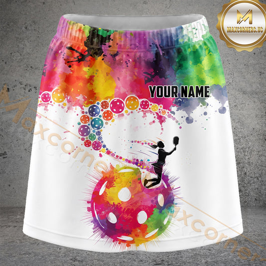 Maxcorners Pickleball Rainbow Paint Splash Player Personalized 3D Skort, Skirts With Shorts