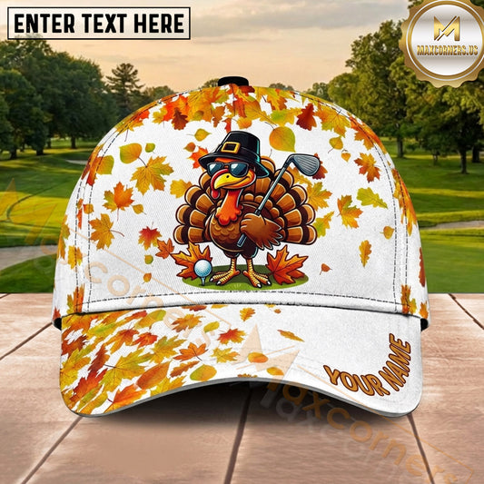 Maxcorners Golf Thanksgiving Turkey Golfer Autumn Leaves Personalized Name 3D Classic Cap