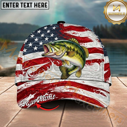 Maxcorners Fishing Patriotic Flag Swirl Personalized Name 3D Cap (12 Fish Species)