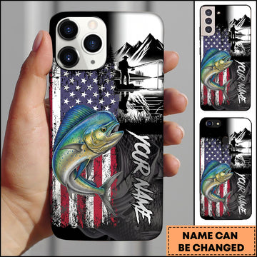 Maxcorners Mahi-mahi Fishing Patriotic USA Flag Mountain Angler Silhouette Personalized Name Phone Case