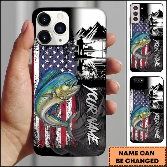 Maxcorners Mahi-mahi Fishing Patriotic USA Flag Mountain Angler Silhouette Personalized Name Phone Case