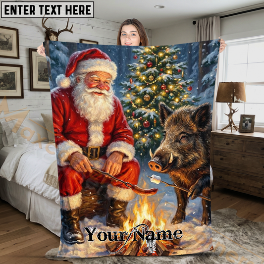 Maxcorners Funny Santa Claus and Wild Boar Campfire Christmas Personalized 3D Blanket