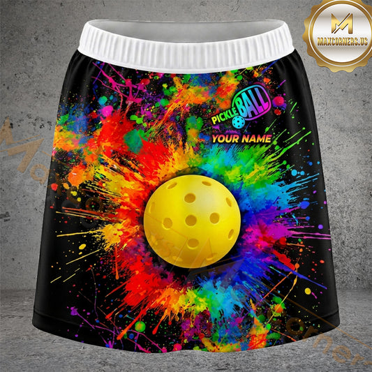 Maxcorners Pickleball Black Rainbow Paint Burst Ball Personalized 3D Skort, Skirts With Shorts