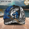 Maxcorners Fishing Blue Water Tribal Metal Personalized Name 3D Cap (12 Fish Species)