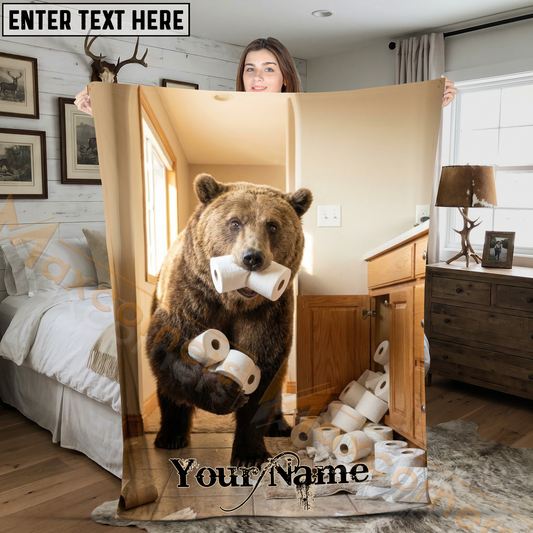 Maxcorners Funny Grizzly Bear Hoarding Toilet Paper Rolls Personalized 3D Blanket