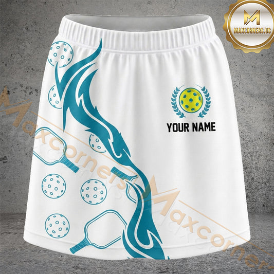 Maxcorners Pickleball White Teal Flame Wave Ball Personalized 3D Skort, Skirts With Shorts