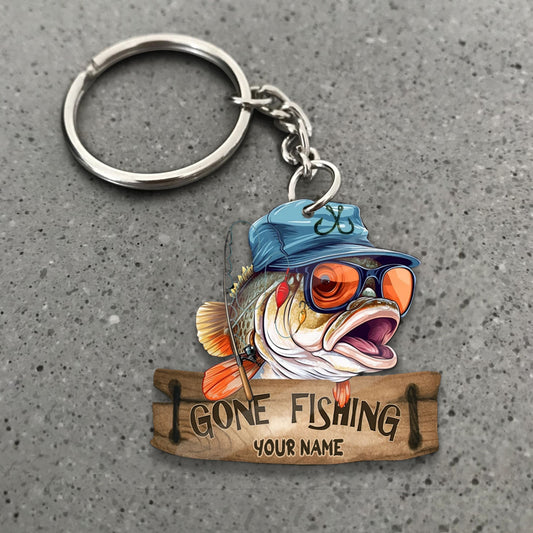 Maxcorners Fishing Keychain Cartoon Bass Fish With Green Camo Hat Sunglasses Gone Fishing Personalized Name 2D Keychain