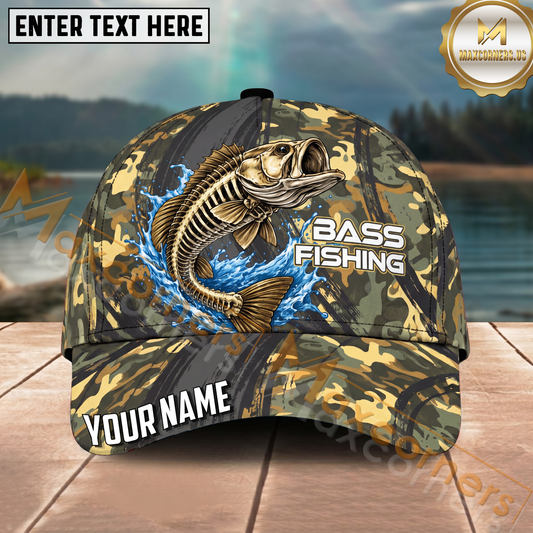 Maxcorners Fishing Camo Skeleton Water Splash Personalized Name 3D Cap (12 Fish Species)
