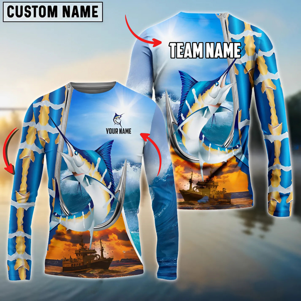 Maxcorners Marlin Fishing Personalized Name, Team Name 3D Long Sleeve Shirt