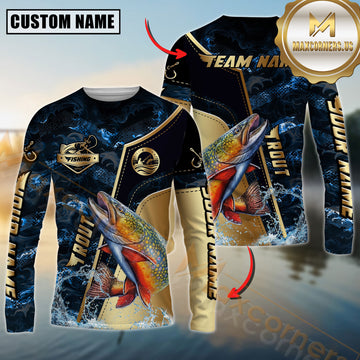 Maxcorners Trout Fishing Ocean Wave Gold Luxury Pattern Personalized Name, Team Name Long Sleeve Shirt