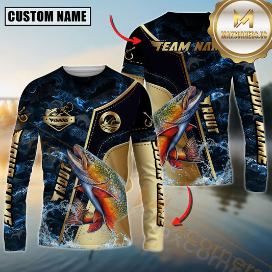 Maxcorners Trout Fishing Ocean Wave Gold Luxury Pattern Personalized Name, Team Name Long Sleeve Shirt