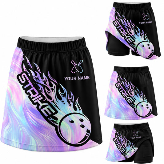 Maxcorners Bowling Purple Flame Strike Personalized 3D Skort, Skirts With Shorts