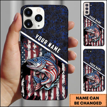 Maxcorners Walleye Fishing Patriotic USA Flag Honeycomb Tech Style Personalized Name Phone Case