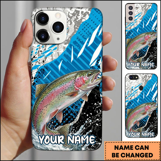 Maxcorners Fishing Jumping Trout Blue Geometric Splash Art Personalized Name Phone Case