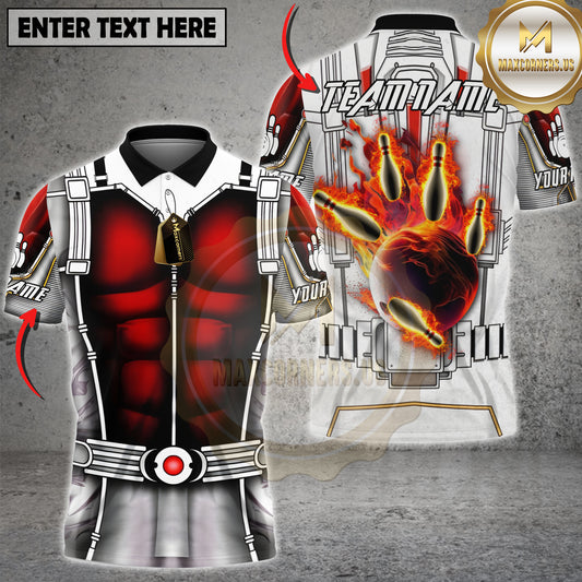 Maxcorners Bowling Team Shirt Futuristic Armor Design Flaming Bowling Ball Graphic Multicolor Options Personalized Name, Team Name 3D Shirt (4 Colors)