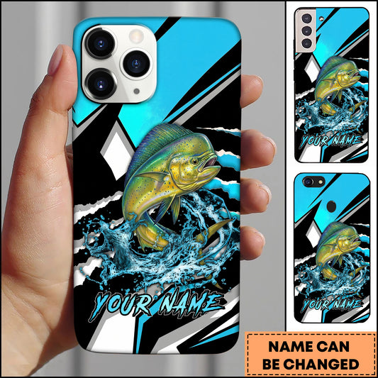 Maxcorners Mahi-Mahi Fishing Blue Black Geometric Lightning Splash Personalized Name Phone Case