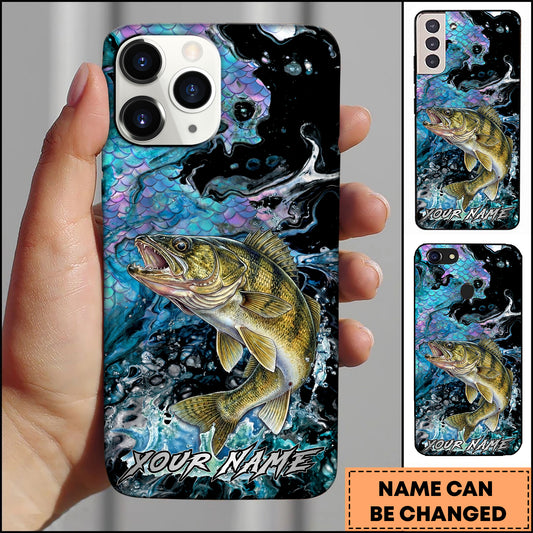 Maxcorners Walleye Fishing Neon Scale Texture Water Splash Personalized Name Phone Case