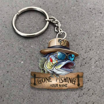 Maxcorners Fishing Keychain Funny Bass Fish With Yellow Hat Sunglasses Gone Fishing Wooden Sign Personalized Name 2D Keychain