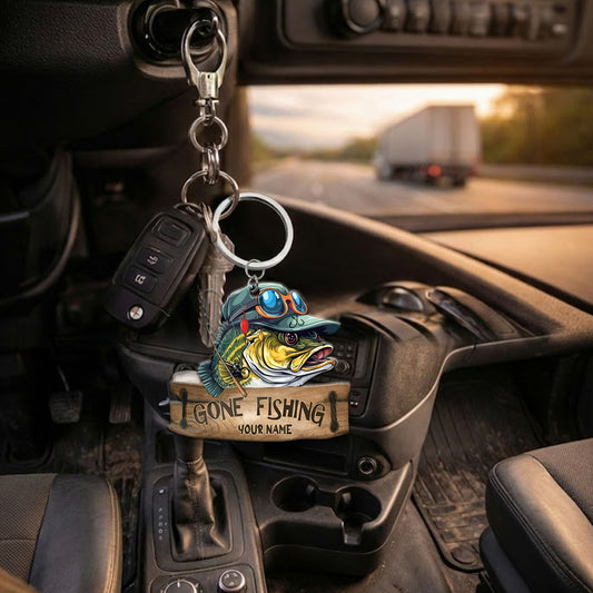 Maxcorners Fishing Keychain Cartoon Bass Fish Green Hat Sunglasses Gone Fishing Design Personalized Name 2D Keychain