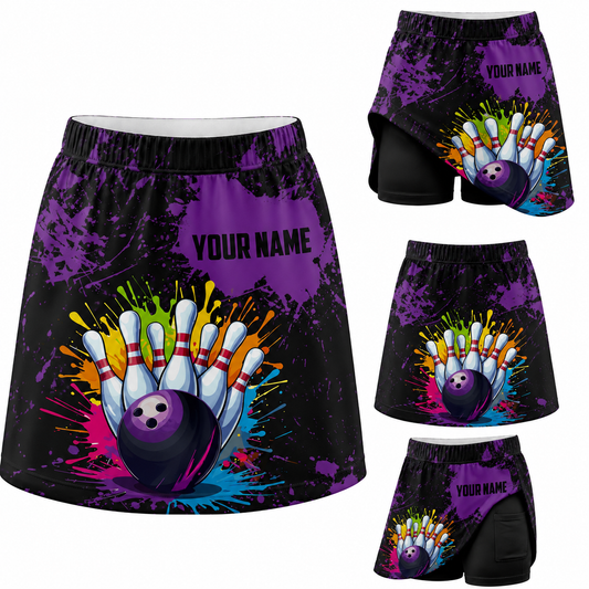 Maxcorners Bowling Purple Paint Splash Personalized 3D Skort, Skirts With Shorts