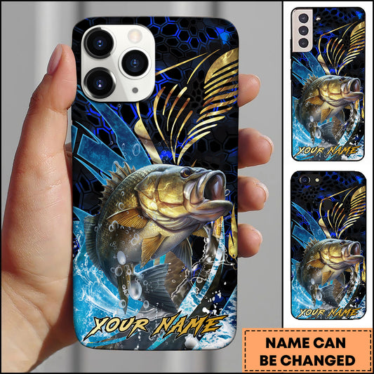 Maxcorners Bass Fishing Blue Honeycomb Splash Art Personalized Name Phone Case