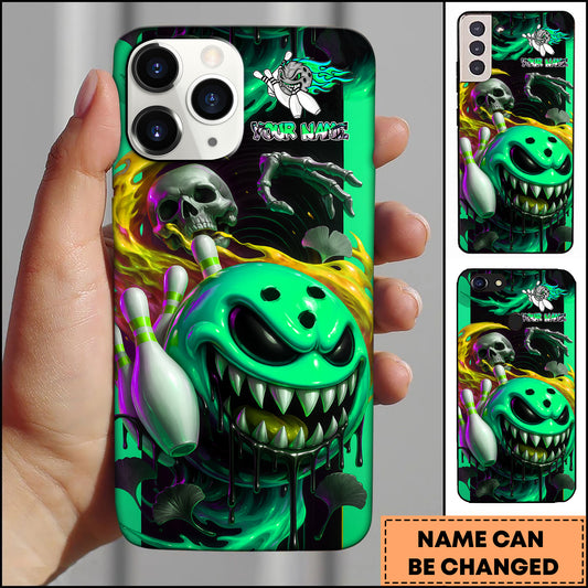 Maxcorners Bowling Phone case Monster Bowling Ball Skull Neon Slime Art Personalized Name Phone Case| Cyan