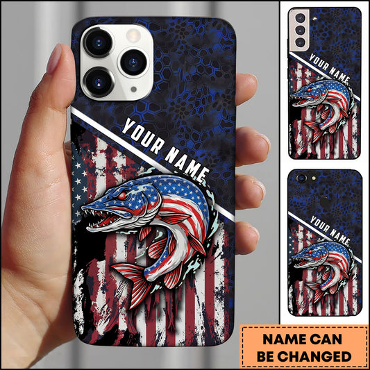 Maxcorners Pike Fishing Patriotic USA Flag Honeycomb Tech Style Personalized Name Phone Case