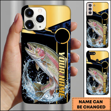 Maxcorners Trout Fishing Black Gold Tech Frame Water Splash Personalized Name Phone Case