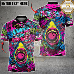 Maxcorners Bowling Shirt Shark Hungry for Strikes Graffiti Multioptions Personalized Name, Team Name Unisex 3D Shirt (4 Colors)