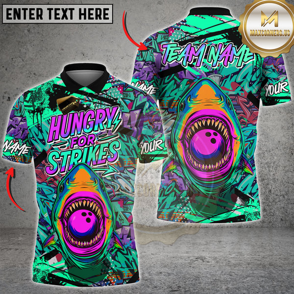 Maxcorners Bowling Shirt Shark Hungry for Strikes Graffiti Multioptions Personalized Name, Team Name Unisex 3D Shirt (4 Colors)