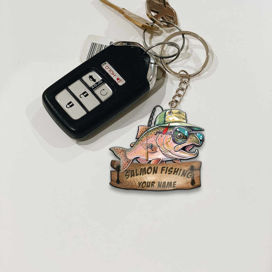 Maxcorners Salmon Fishing Funny Fishing Hat Cartoon Rustic Style Personalized Name Keychain