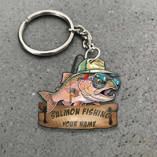 Maxcorners Salmon Fishing Funny Fishing Hat Cartoon Rustic Style Personalized Name Keychain