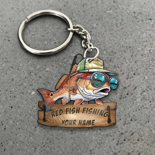Maxcorners Red Fish Fishing Funny Fishing Hat Cartoon Rustic Style Personalized Name Keychain