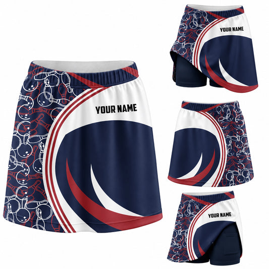 Maxcorners Bowling Navy Red White Swoosh Personalized 3D Skort, Skirts With Shorts