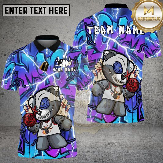 Maxcorners Street Graffiti Teddy Bear Bowling Style Multicolor Options Personalized Name, Team Name 3D Shirt (4 Colors)