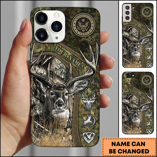 Maxcorners Hunting Phone Case Whitetail Deer Camouflage US Army Badge Vintage Woodland Personalized Name Phone Case