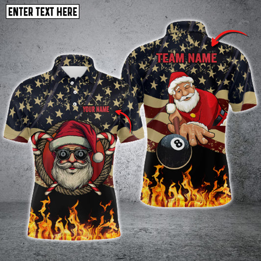 Maxcorners Funny Christmas Santa And Billiard USA Flag Fire Personalized Name 3D Shirt