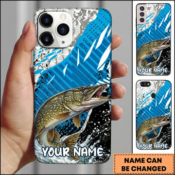 Maxcorners Fishing Jumping Pike Blue Geometric Splash Art Personalized Name Phone Case